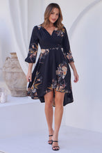Load image into Gallery viewer, Hailey Cross Over Long Sleeve Black/Orange Print Dress